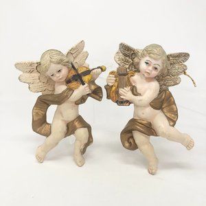 Angel Violin Harp Craft Ornaments Christmas Vintage 4.5" x 7" Lot of 2
